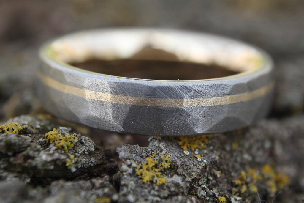 Titanium Ring with 14k Yellow Gold Liner and Inlay, Faceted Sandblasted Finish, Unique Men's Wedding Band, Custom Comfort Fit Ring