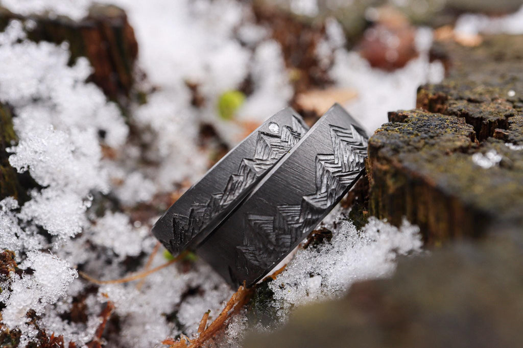 Black Zirconium Mountain Range - 4mm Ring with diamond, Crosshatch Textured, Beveled Edges, Matte Finish, womens wedding band, Rustic Style