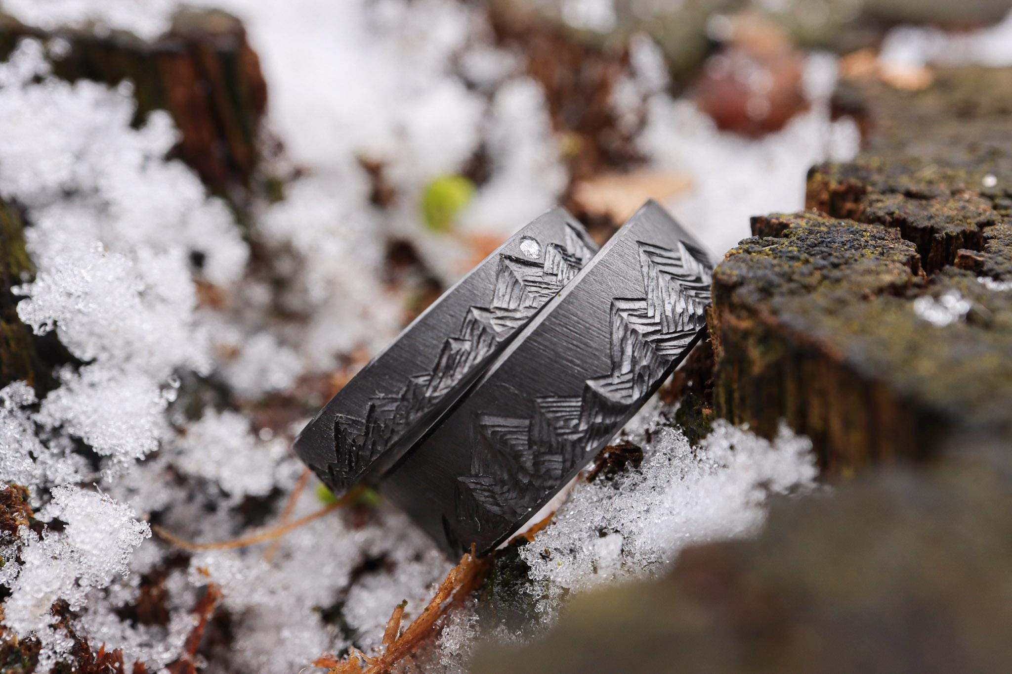 Black Zirconium Mountain Range - 4mm Ring with diamond, Crosshatch Textured, Beveled Edges, Matte Finish, womens wedding band, Rustic Style