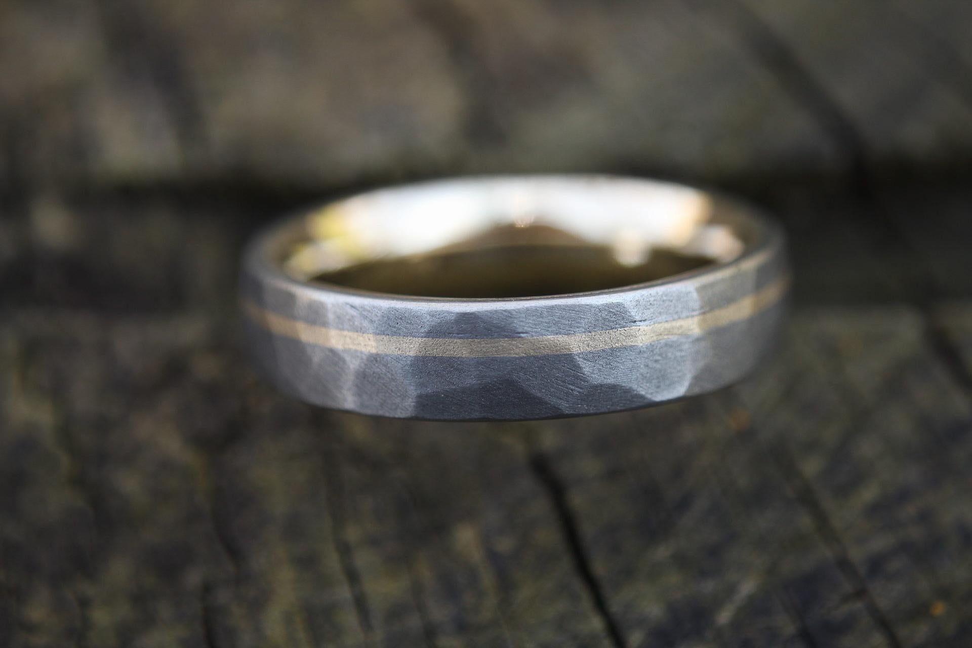 Titanium Ring with 14k Yellow Gold Liner and Inlay, Faceted Sandblasted Finish, Unique Men's Wedding Band, Custom Comfort Fit Ring