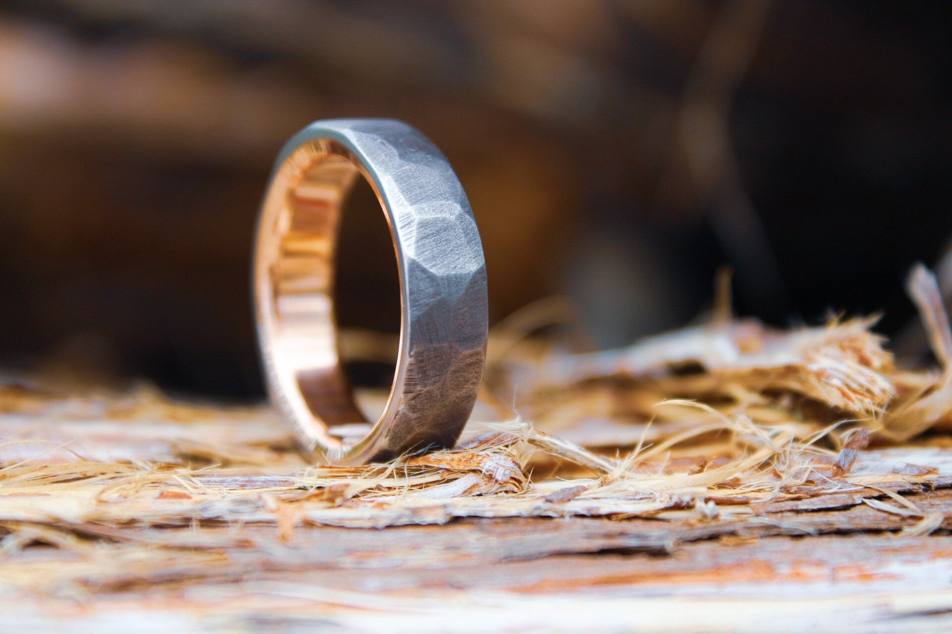Faceted Titanium with 14k Rose Gold Liner, Rustic Mans Wedding Band, Textured Gold Ring, Hammered Ring, Rustic Band