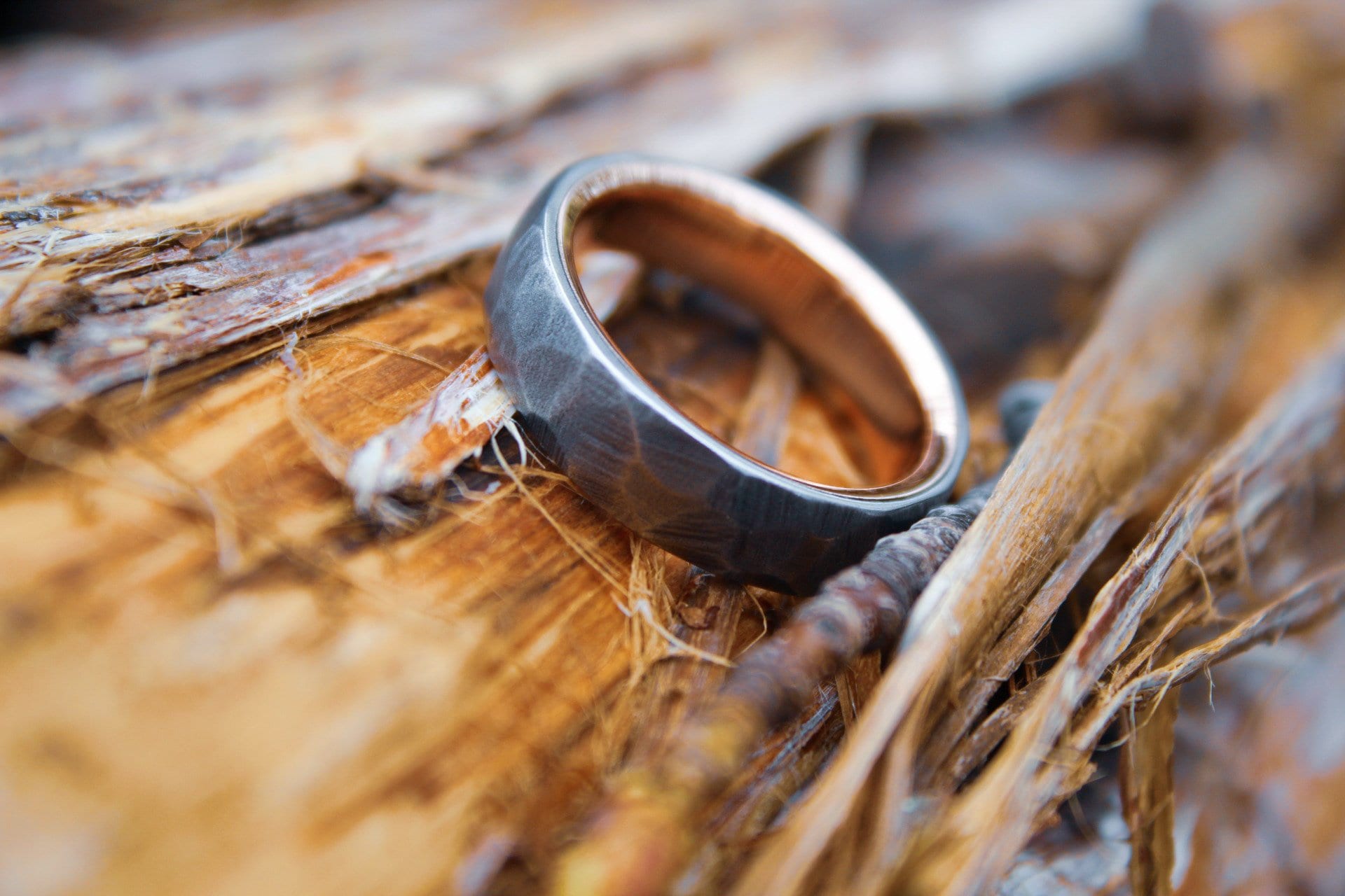 Faceted Titanium with 14k Rose Gold Liner, Rustic Mans Wedding Band, Textured Gold Ring, Hammered Ring, Rustic Band