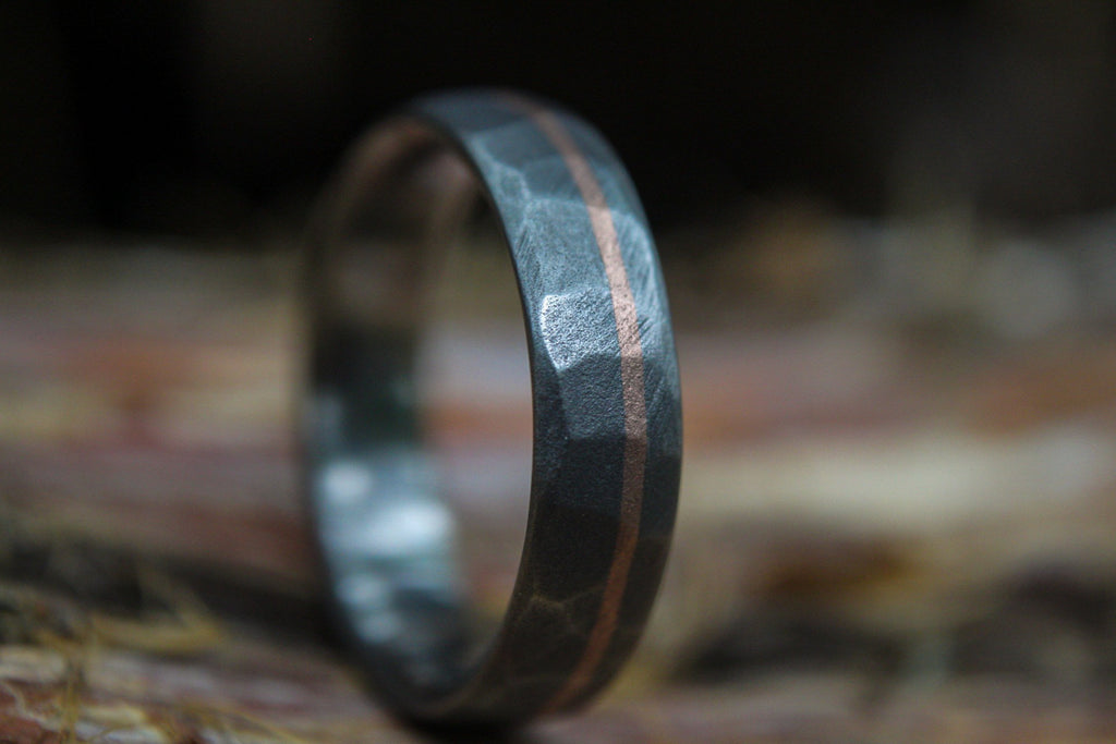 Faceted Titanium with 14k Rose Gold inlay - 6mm Men's wedding band, manly ring, sandblasted, hammered texture, grey and silver