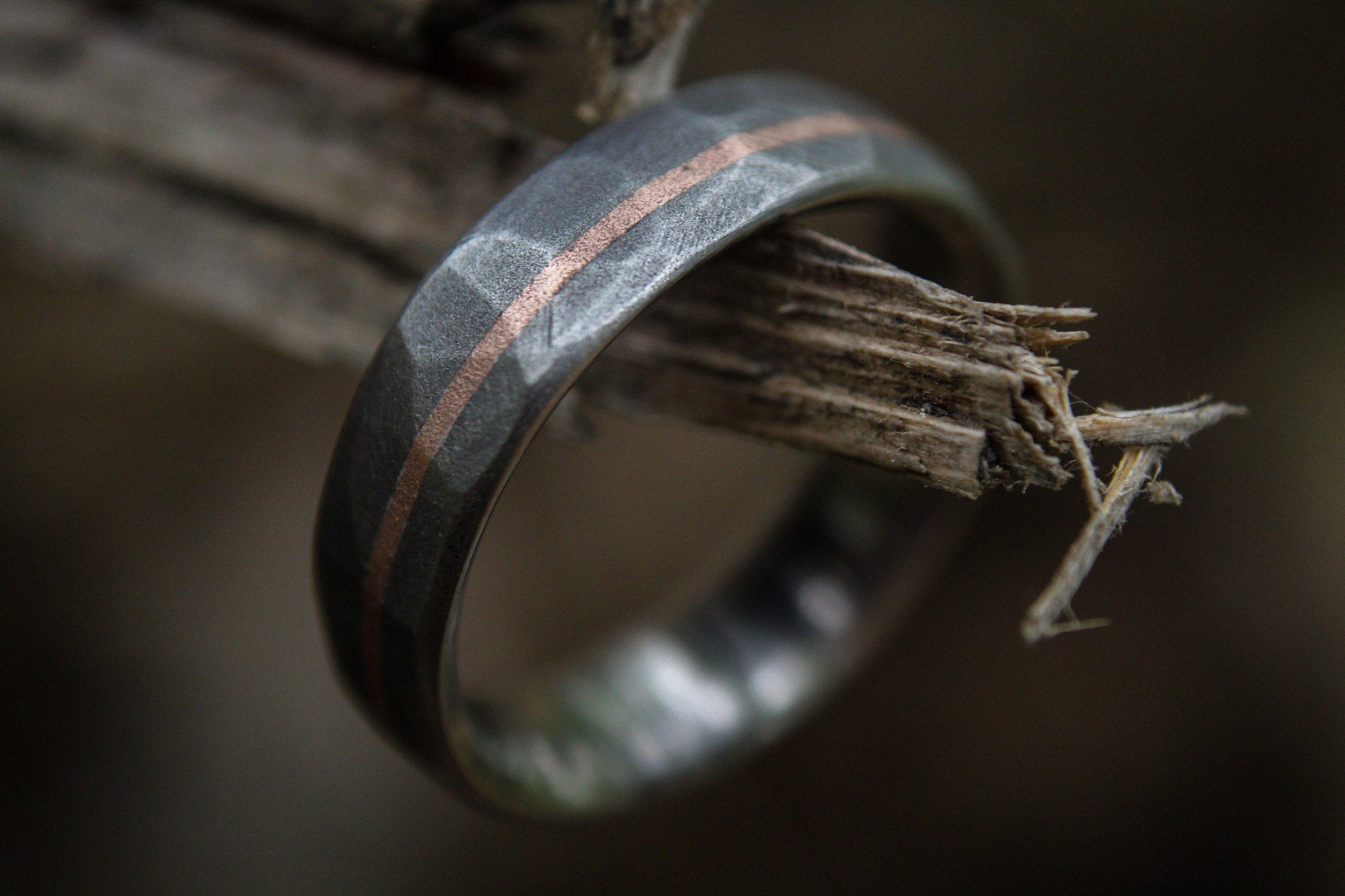 Faceted Titanium with 14k Rose Gold inlay - 6mm Men's wedding band, manly ring, sandblasted, hammered texture, grey and silver
