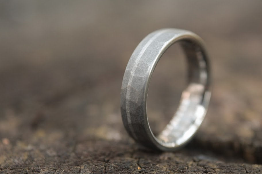 Faceted Titanium with Platinum inlay - 6mm Men's wedding band, manly ring, sandblasted, hammered texture, grey and silver